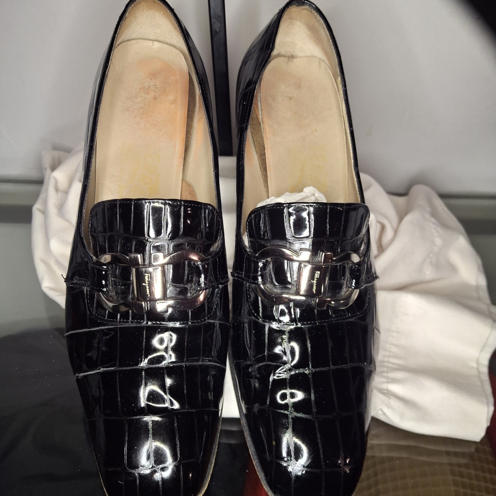 Salvatore Ferragamo Black Croc-Embossed Loafers